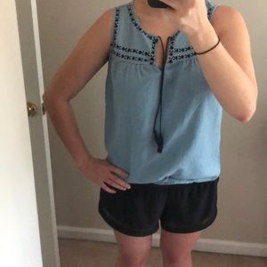 Old Navy Chambray Embroidered Sleeveless Shirt